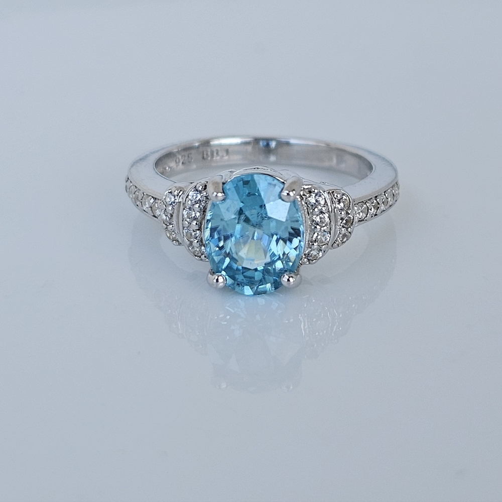 Natural Cambodian Blue Zircon & White Zircon Ring Sterling Silver Size 6 - Picture 7 of 10